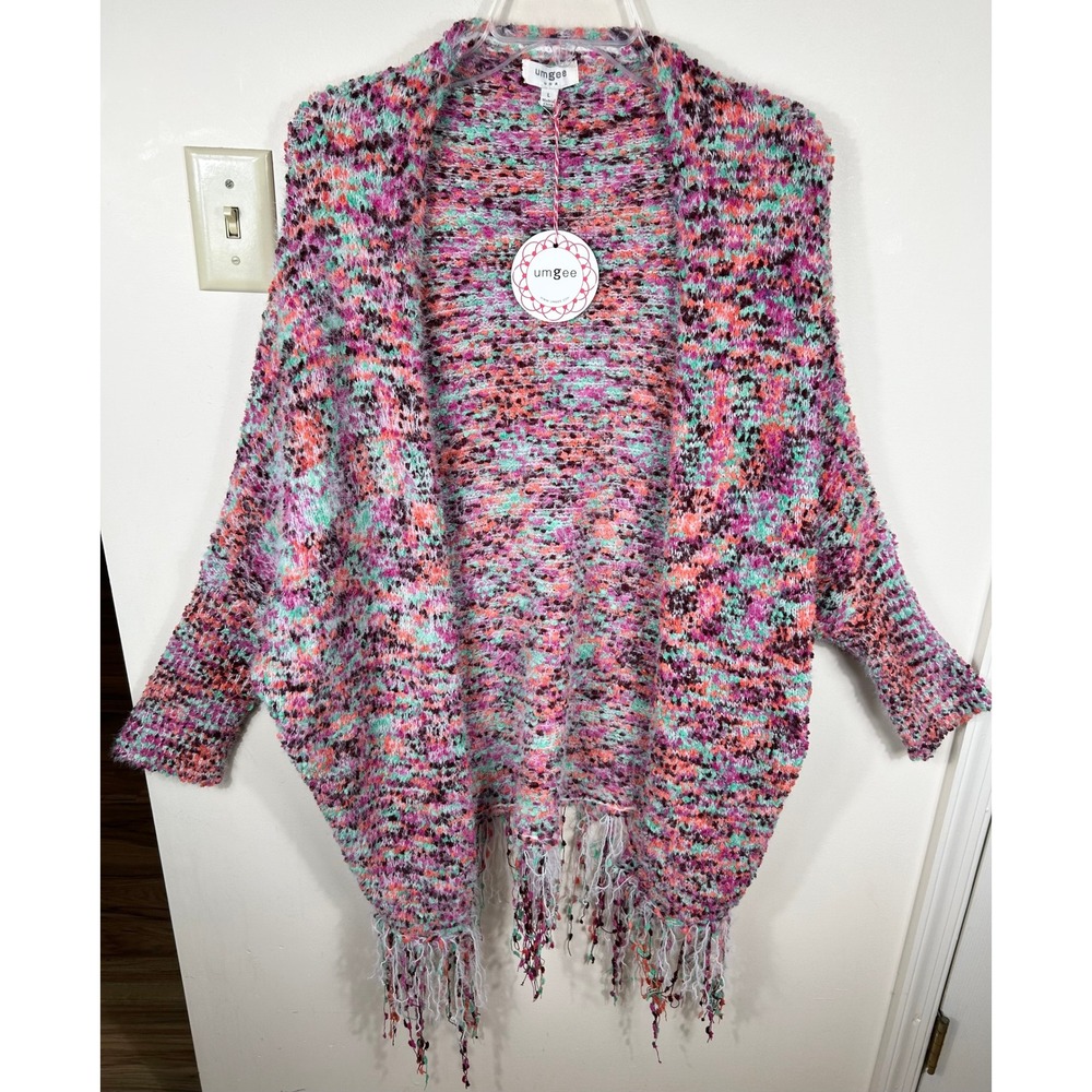 Umgee Cardigan Sweater Womens L Bokeh Fringe Open Front Layering 70s Nomad Neon